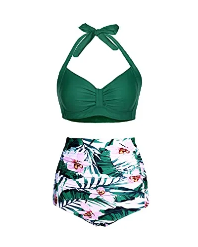 Vintage 50S Style Slimming Women's Bikini Set-Green Tropical Floral