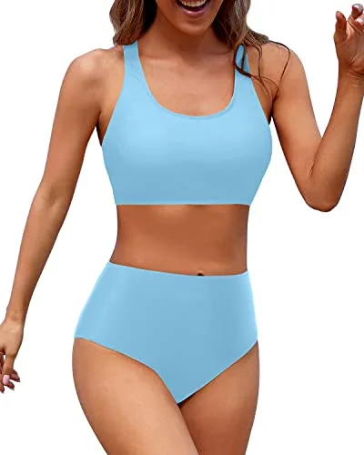 High Cut Legs Women High Waisted Two Piece Bikini Sports Crop Top Swimsuit-Blue