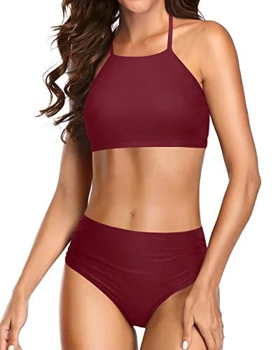 Adjustable Halter Tie String Bikini Sets For Women Bathing Suits-Maroon