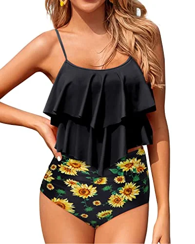 Non See Through Two Piece Bathing Suits For Teen Girls-Black Sunflower