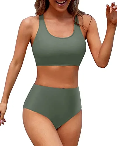 Sporty Women's High Waisted Two Piece Bikini Sports Crop Top Swimsuit-Army Green