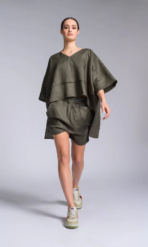 Two-piece Set of Linen Kimono Blouse and Twisted Shorts