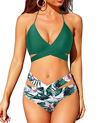 Crossed V Shaped Waist High Leg 2 Piece Bikini Set For Women-Green Tropical Floral