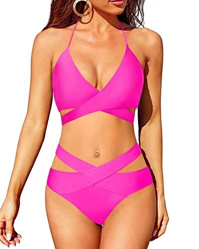 High Leg Bikini For Women High Waisted Bikini Push Up Swimsuit-Neon Pink