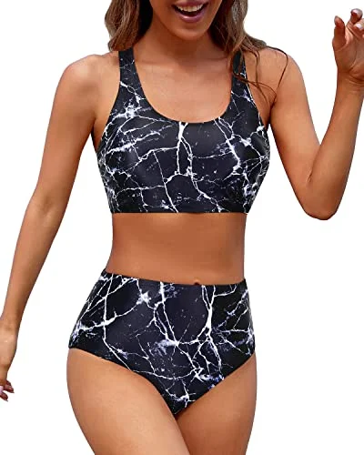 Sporty Women's Two Piece Bikini Sports Crop Top Swimsuit-Black Marble