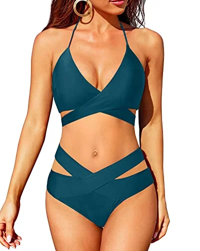 Crossed V Shaped Waist Criss Cross Front Women's Swimsuit-Teal