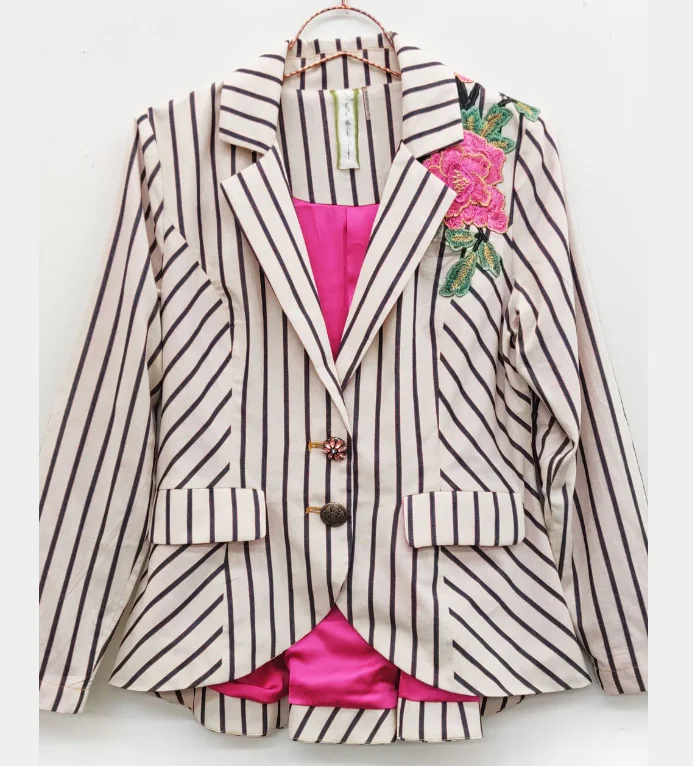 Derby Princess Linen Stripe Embroidered Blazer