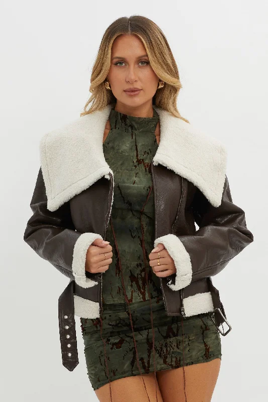 Aviatrix Faux Leather Sherpa Jacket Brown