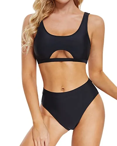 Underboob Two Piece Bikini For Women High Waisted Bathing Suit-Black