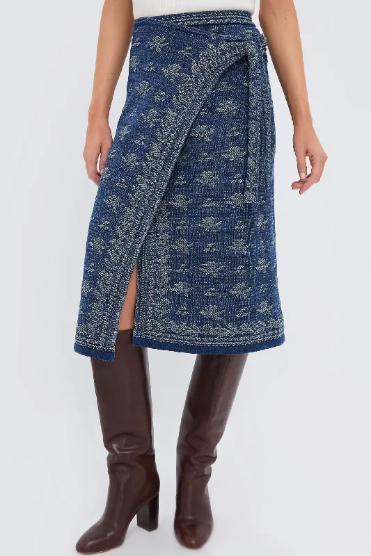 Dark Indigo Printed Wrap A-Line Skirt