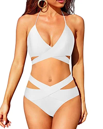 Flattering High Waisted Bikini With Crossed V Shaped Waist-White