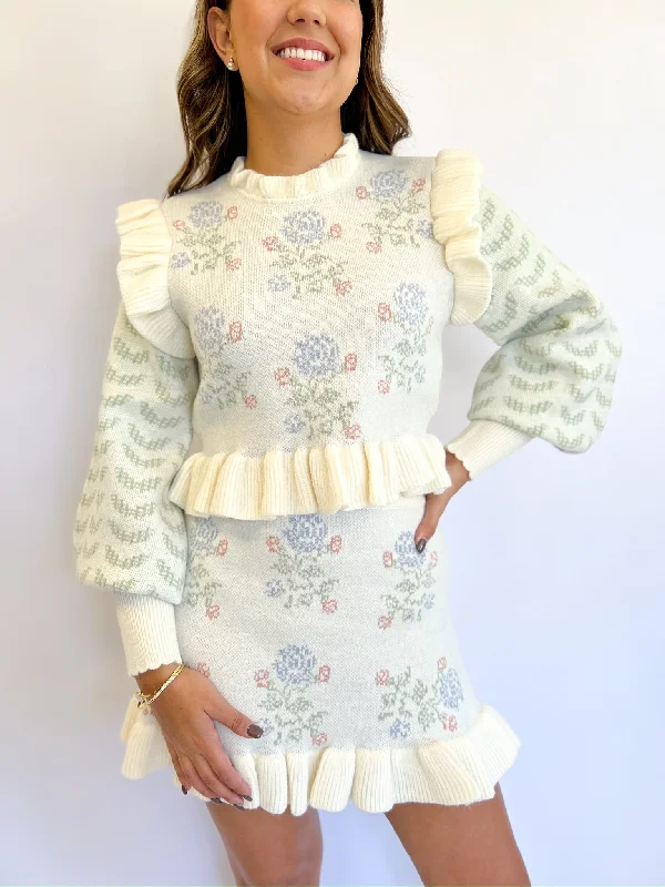 Cream Multi Floral Knit Skirt Set