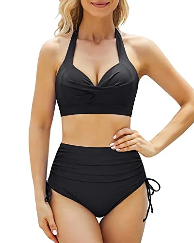 Two Piece Retro Halter Tummy Control High Waisted Bikini For Women-Black