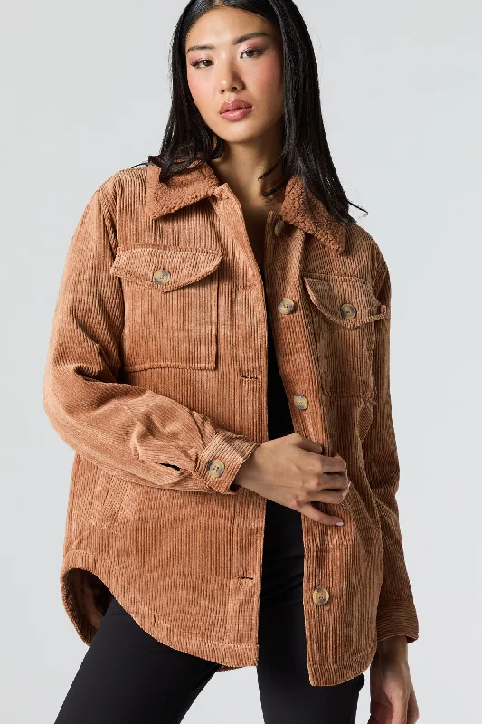 Faux Fur Collared Corduroy Shacket