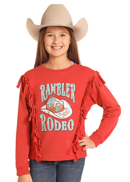 Girls Red Fringe Long Sleeve Pullover Tee