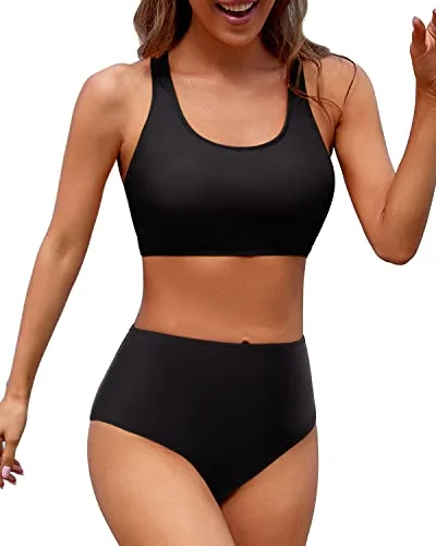 Women's Two Piece Bikini Sports Crop Top Swimsuit-Black