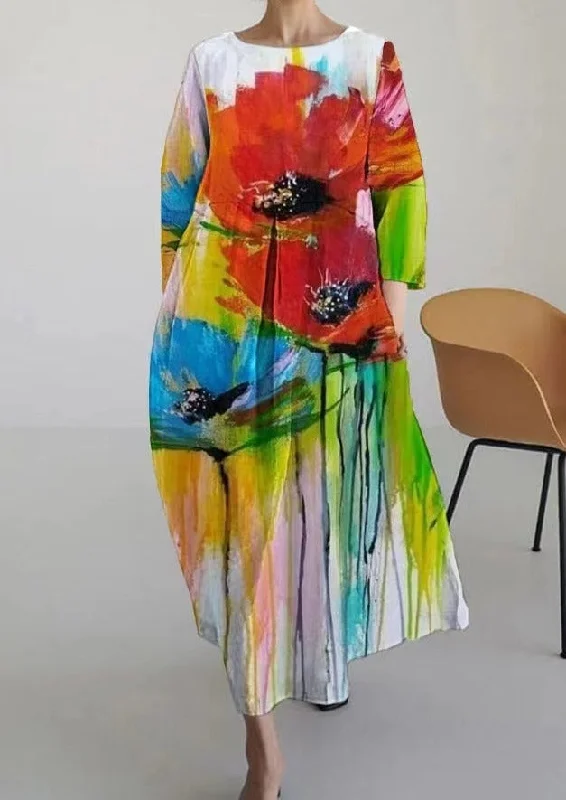 Colorful Graffiti Cotton Dresses Pockets Patchwork Summer