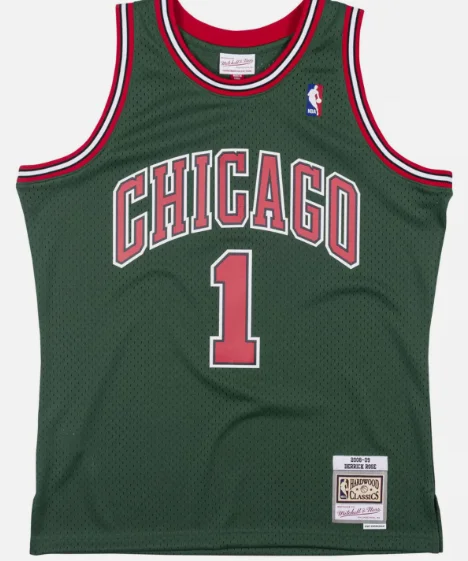 Derrick Rose Adult Mitchell and Ness Chicago Bulls Green with Red Lettering NBA Jersey