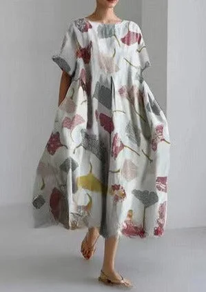 Multi-color Leaves Cotton Dresses Pockets Patchwork Summer