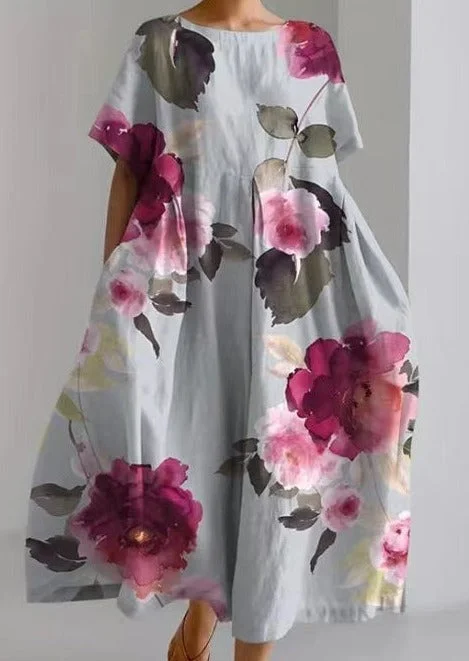 Pink Peony Cotton Dresses Pockets Patchwork Summer