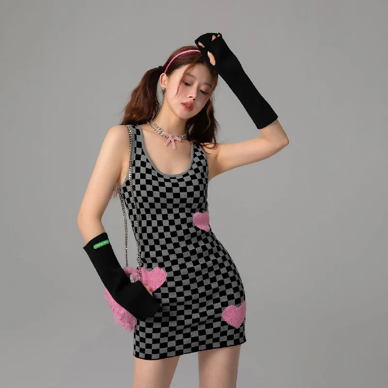 Luv U 2 Checker Print Heart Mini Dress