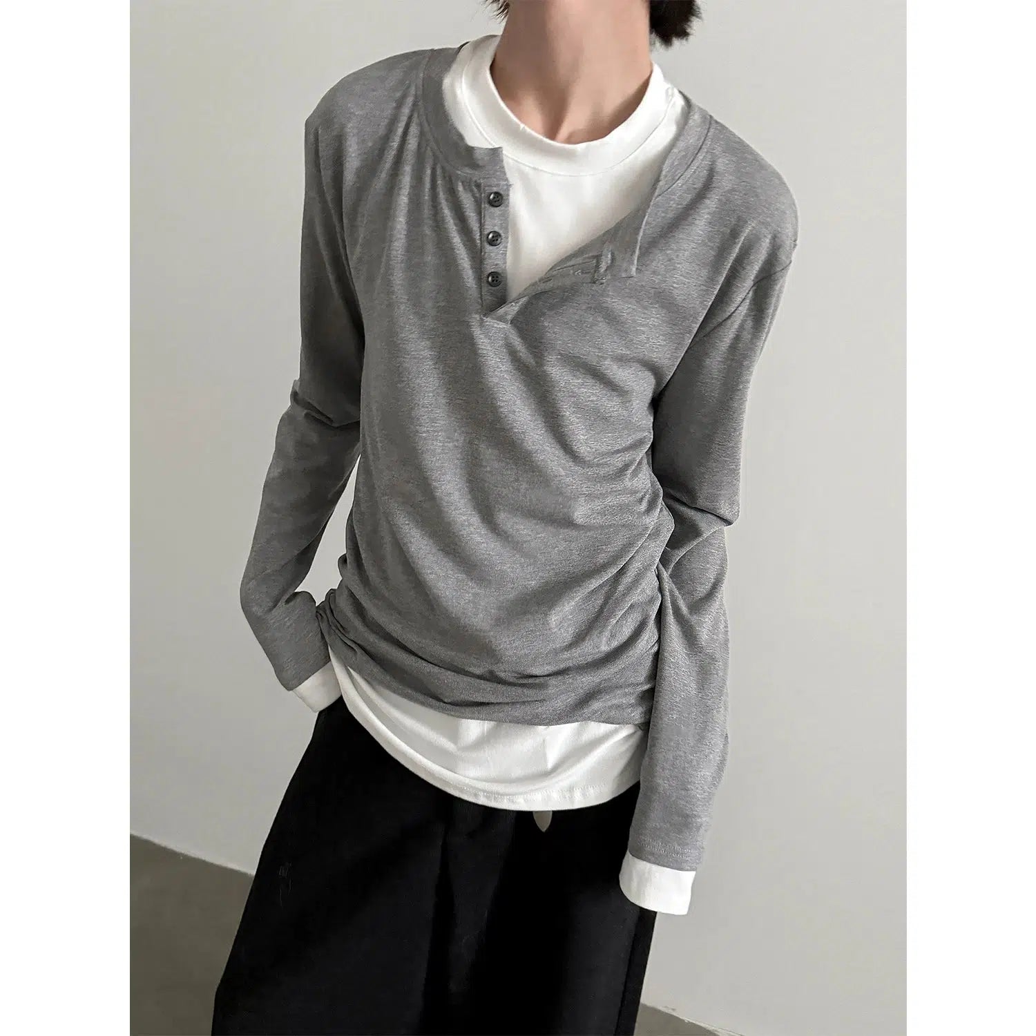 Long-Sleeve Henley Layered Pullover