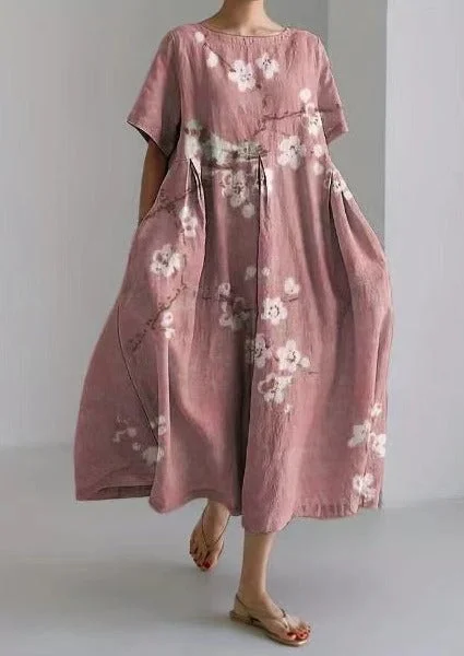 Pink Plum Flower Cotton Dresses Pockets Patchwork Summer