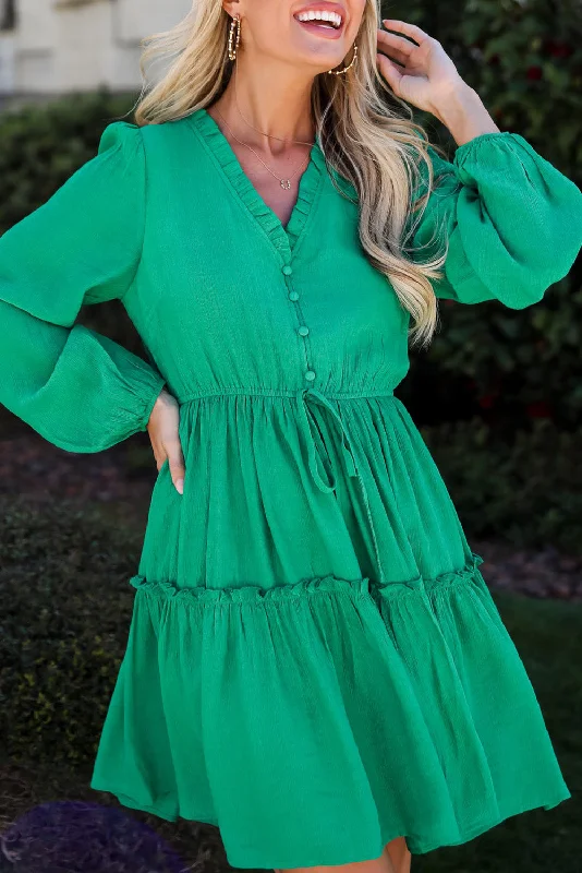 Sea Green Frill V Neck Puff Sleeve Drawstring Mini Dress