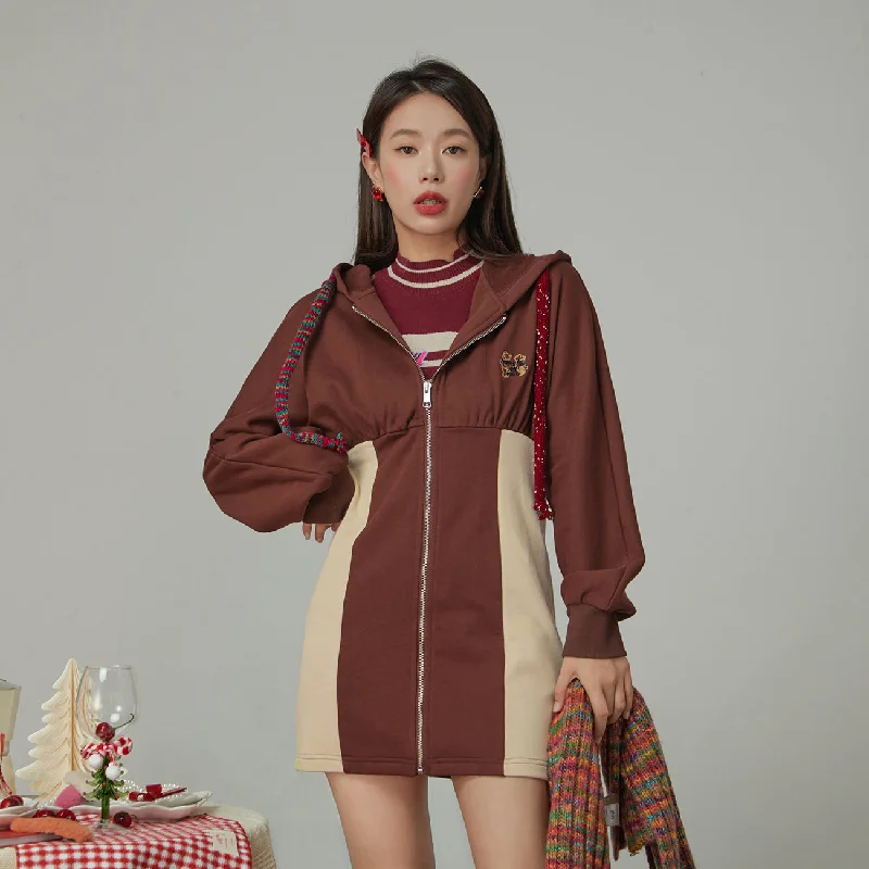 In Havana Color Matching Zip-Up Hooded Dress