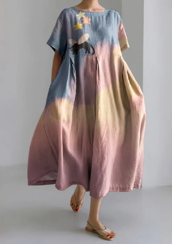 Pink Blue Gradient Cotton Dresses Pockets Patchwork Summer