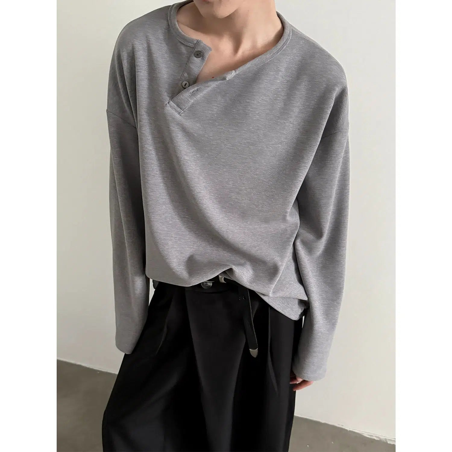 Long-Sleeve Oblique Button Pullover