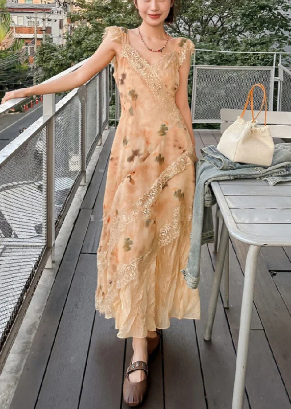 Elegant Orange V Neck Lace Patchwork Long Dresses Sleeveless