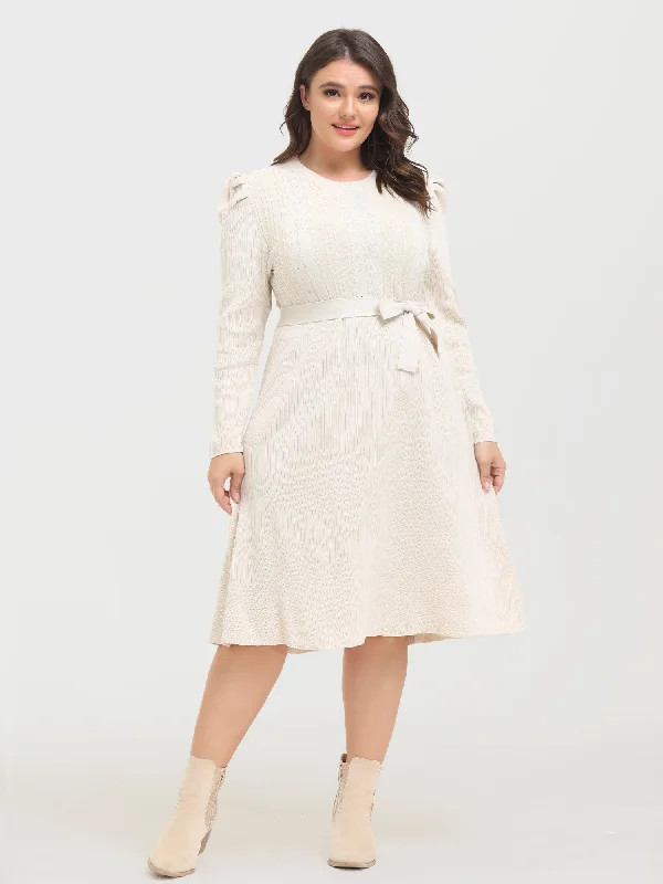 Midsize Slim Puff-Sleeve Knitted Midi Dress with Belt