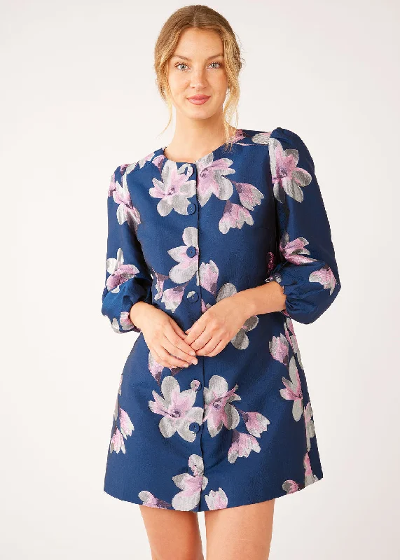 Ellen Dress Blue Plumeria Jacquard