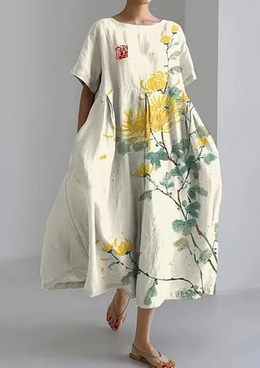 Yellow Chrysanthemum Cotton Dresses Pockets Patchwork Summer