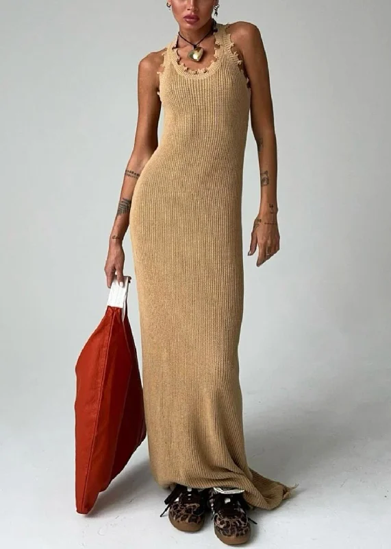 Slim Fit Khaki O Neck Solid Knit Maxi Dresses Sleeveless