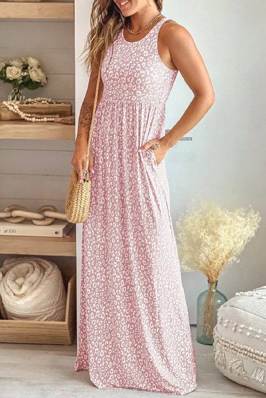 Pink Sleeveless Floor Length Leopard Print Dress with Pockets