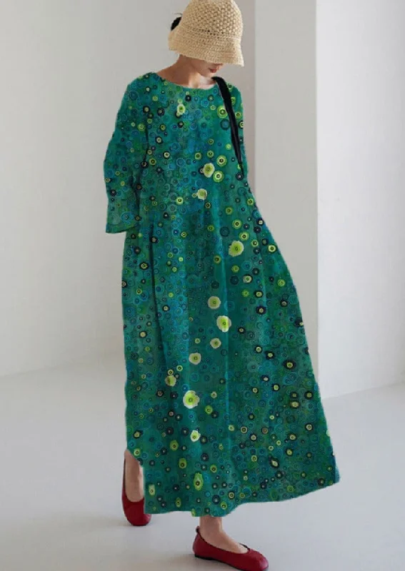 Green Dot Print Cotton Dresses Pockets Patchwork Summer