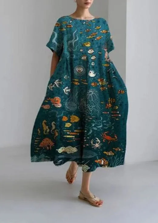 Undersea Animals Cotton Dresses Pockets Patchwork Summer