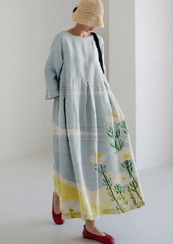 Light Blue Flower Cotton Dresses Pockets Patchwork Summer