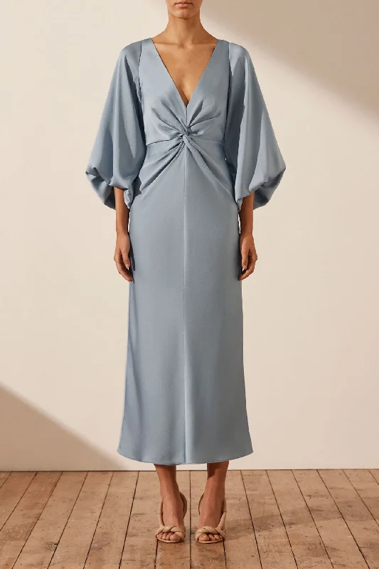 LUXE BALLOON SLEEVE KNOT FRONT MIDI DRESS - AZURE