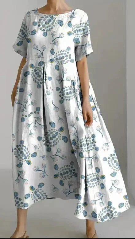 Stone Blue Cotton Dresses Pockets Patchwork Summer