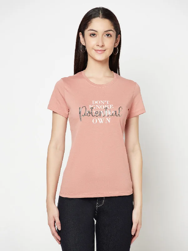 Women's Casual Regular Short Sleeve Coral Round neck Sequin work & Print T-Shirt