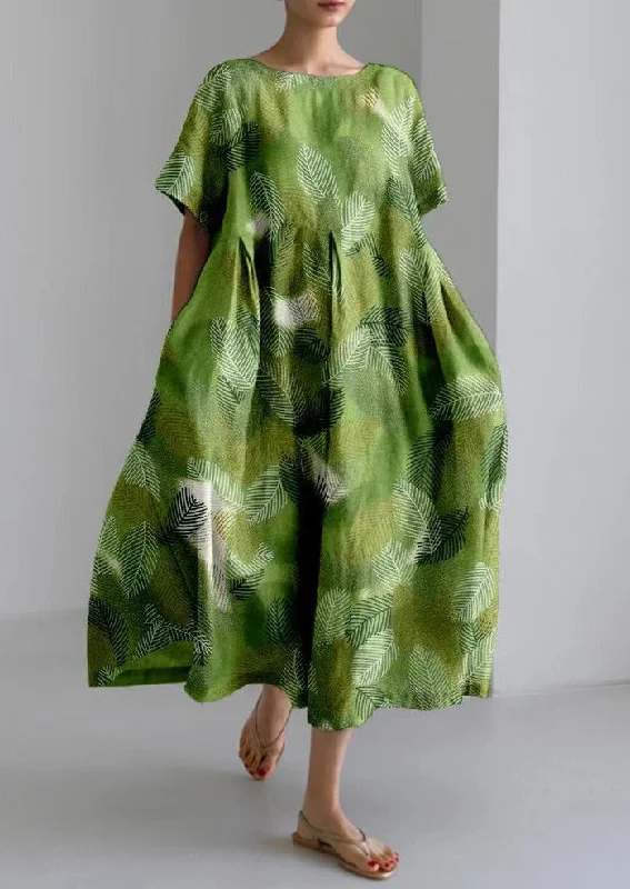 Gradient Green Leaves Cotton Dresses Pockets Patchwork Summer