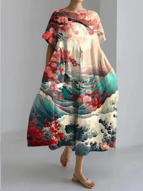 Sunrise Scenery Cotton Dresses Pockets Patchwork Summer