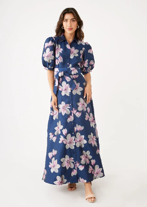 Charlotte Gown Blue Plumeria Jacquard