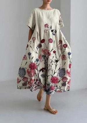 Apricot Flower-3 Cotton Dresses Pockets Patchwork Summer