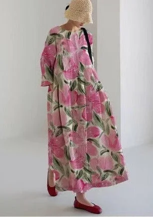 Pink Flower Cotton Dresses Pockets Patchwork Summer