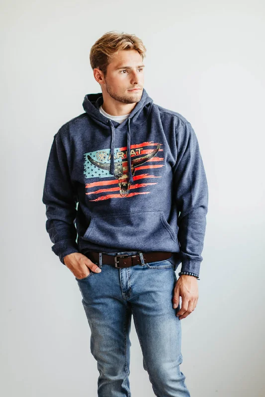 Ariat Logo American Steer Hoodie for Men in Blue Heather | 10046623-NAVY