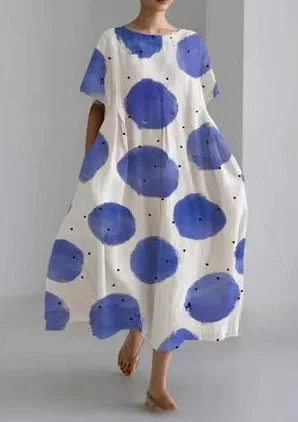 Navy Blue Dot Cotton Dresses Pockets Patchwork Summer